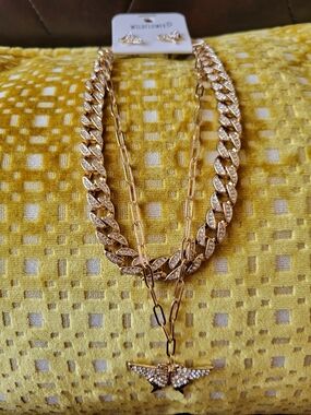 Wildflowers Gold Crystal Layered Cuban Link Necklace with Wing Pendant